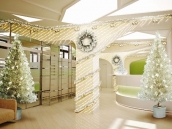 Фотография новогоднего дизайна интерьера офиса обслуживания клиентов компании Амрита