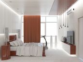 Фото дизайна интерьера спальни в констрасте для квартиры в Новопечерских липках